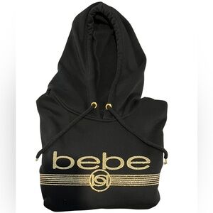 NWOT Bebe Pullover Hoodie w/ Front Pockets in Black w/Gold Glitter Logo Size 1X